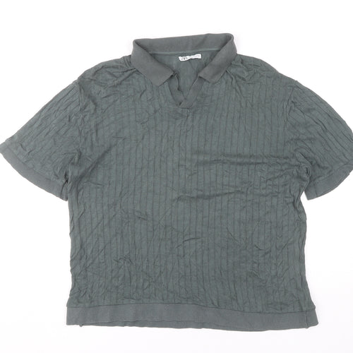 Zara Men’s Green XL Linen Blend Short Sleeve Polo Shirt