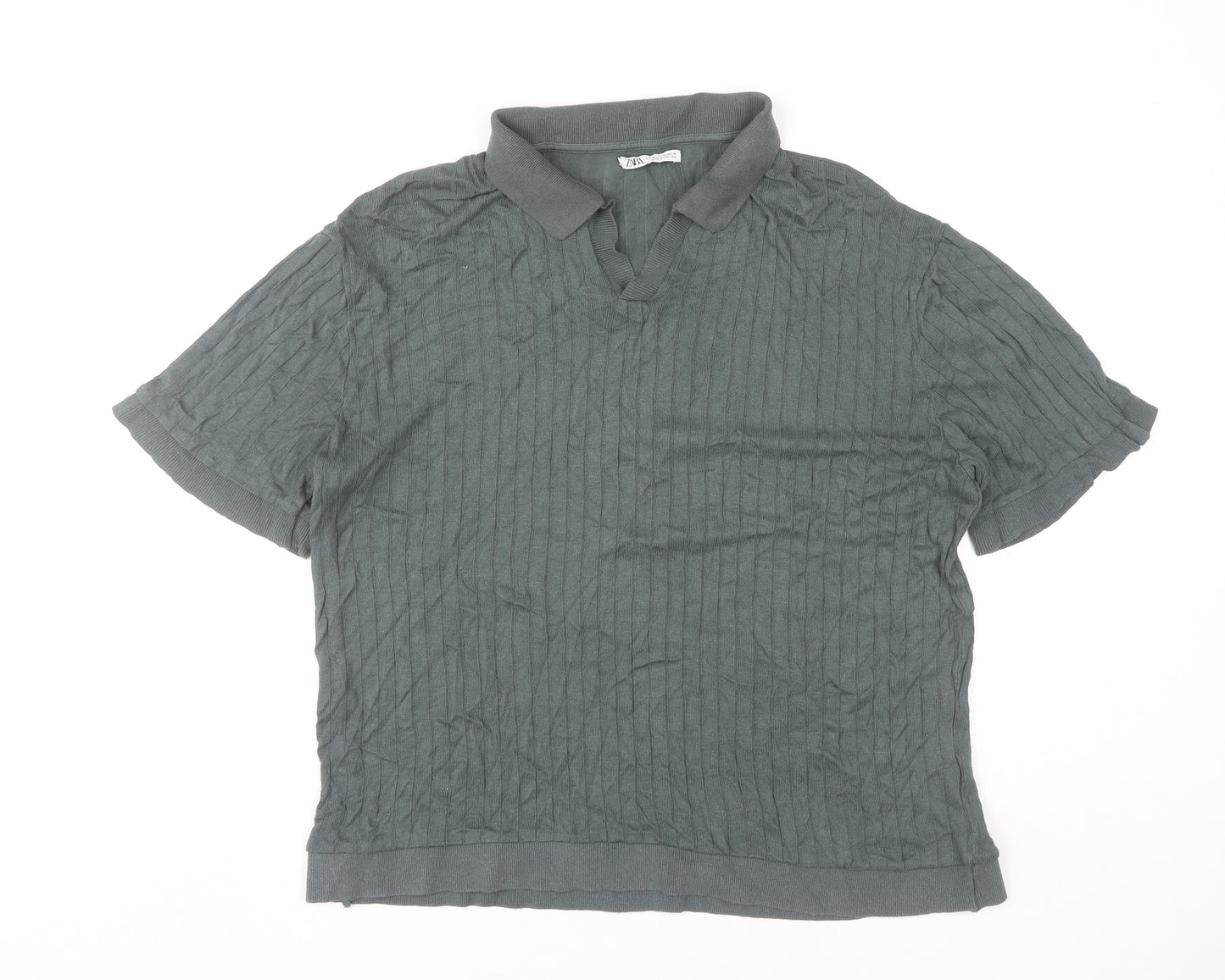 Zara Men’s Green XL Linen Blend Short Sleeve Polo Shirt