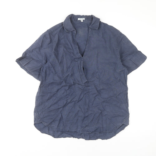 Jigsaw Women's Blue Linen Collared Short Sleeve Blouse UK 12