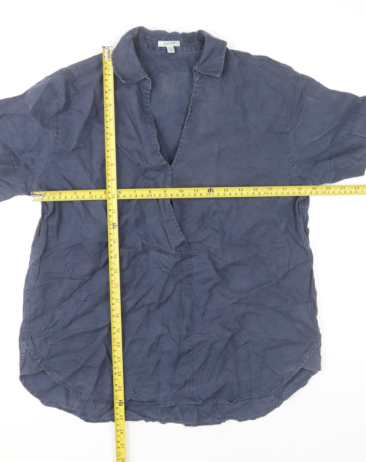 Jigsaw Women's Blue Linen Collared Short Sleeve Blouse UK 12