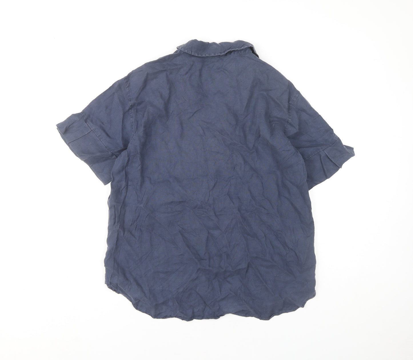 Jigsaw Women's Blue Linen Collared Short Sleeve Blouse UK 12