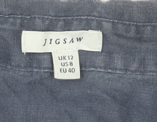 Jigsaw Women's Blue Linen Collared Short Sleeve Blouse UK 12