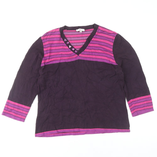 CC Women's Purple Striped V-Neck 3/4 Sleeve Pullover Jumper M