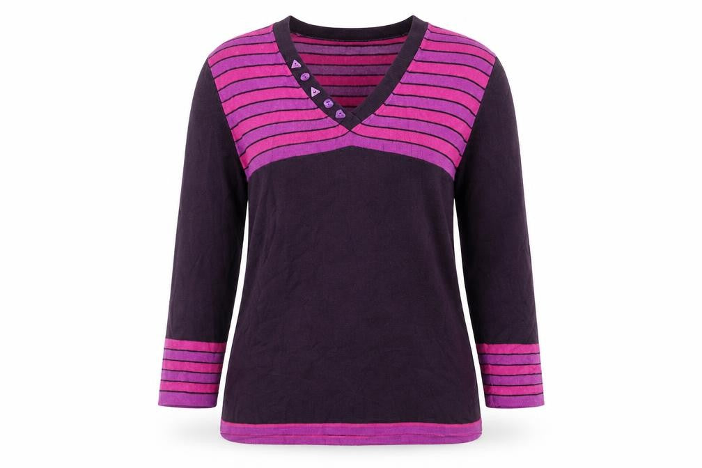 Front view of Country Casuals Women's Purple Striped V-Neck 3/4 Sleeve jumper M