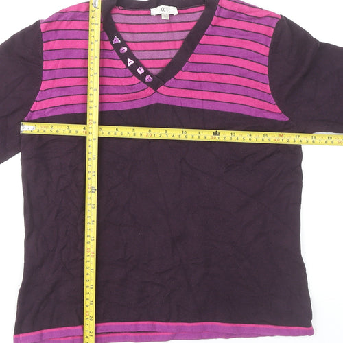 CC Women's Purple Striped V-Neck 3/4 Sleeve Pullover Jumper M