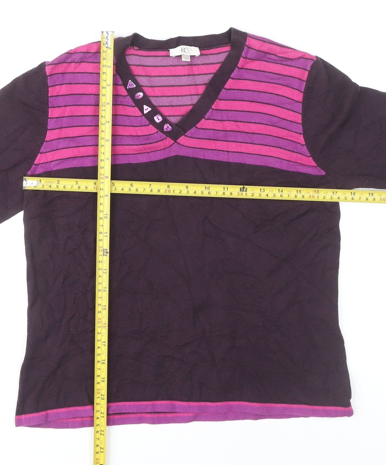 CC Women's Purple Striped V-Neck 3/4 Sleeve Pullover Jumper M
