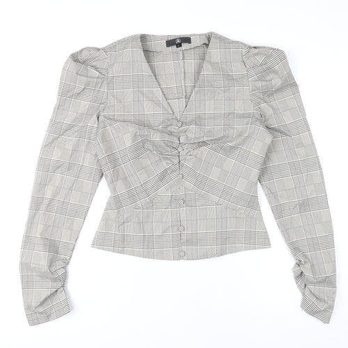 Missguided Women's Grey Check Slim Fit Puff Sleeve V-Neck Blouse UK 8