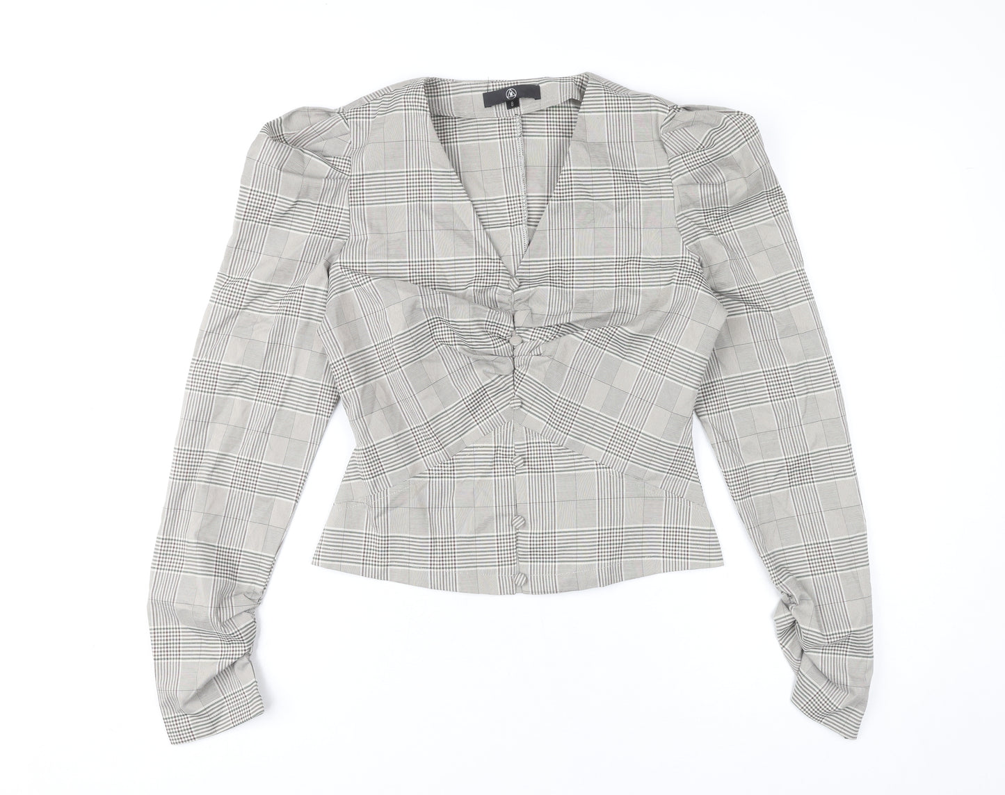 Missguided Women's Grey Check Slim Fit Puff Sleeve V-Neck Blouse UK 8