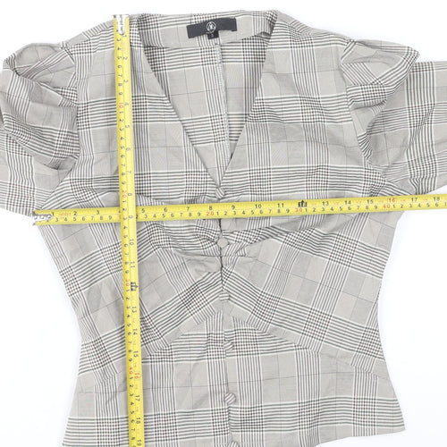 Missguided Women's Grey Check Slim Fit Puff Sleeve V-Neck Blouse UK 8