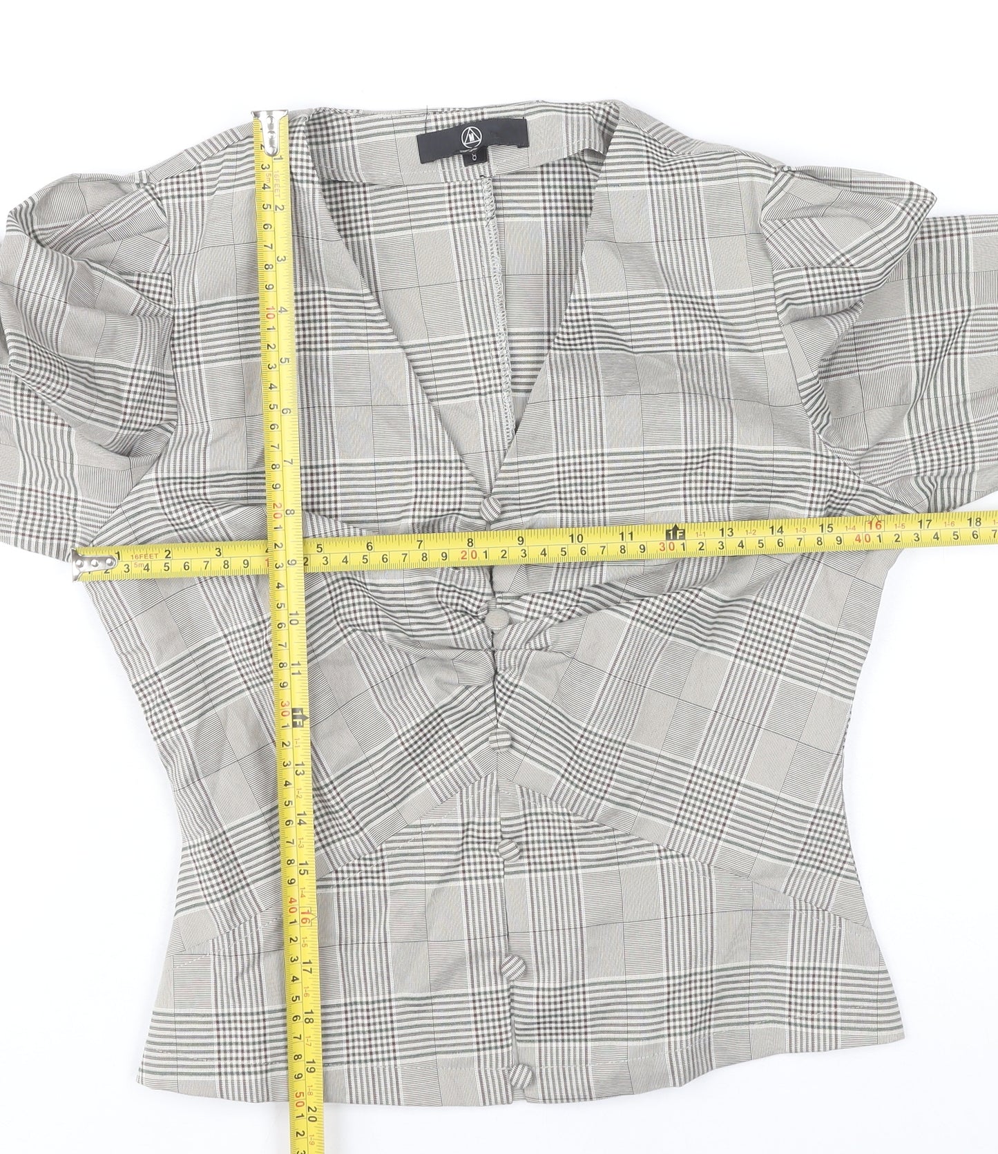 Missguided Women's Grey Check Slim Fit Puff Sleeve V-Neck Blouse UK 8