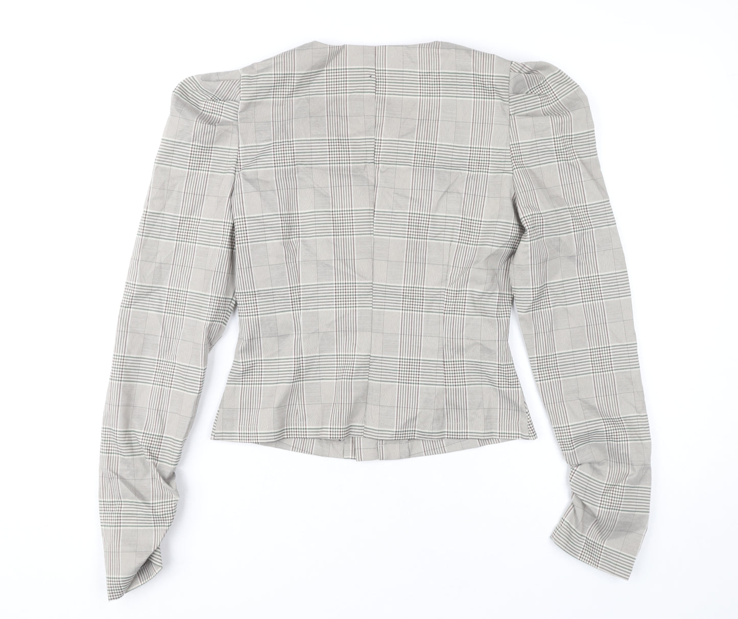 Missguided Women's Grey Check Slim Fit Puff Sleeve V-Neck Blouse UK 8