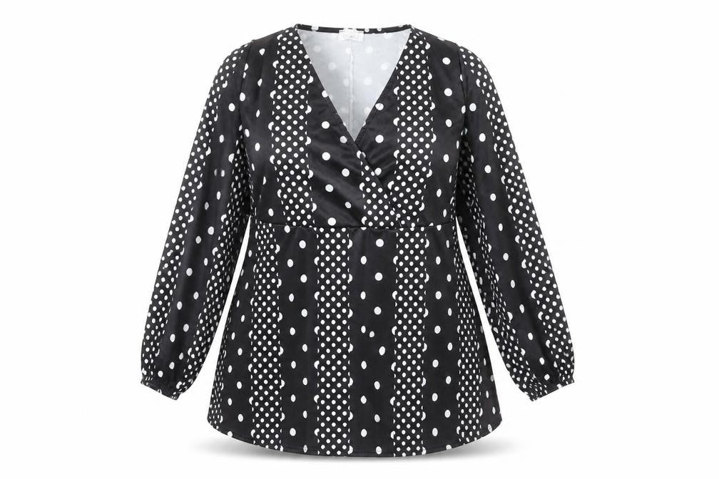 Front view of Yours women’s black polka dot wrap blouse uk 18 plus long sleeve