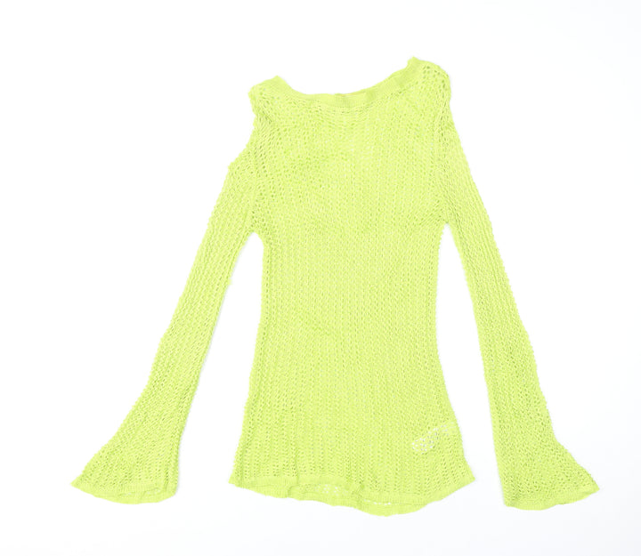 Next Women's Green Size 10 Open-Knit Bell Sleeve Pullover Jumper