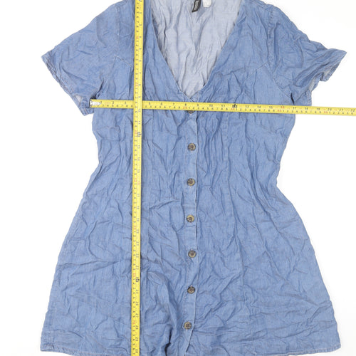 H&M Women’s Blue Short Shirt Dress UK 12 V-Neck Button Casual