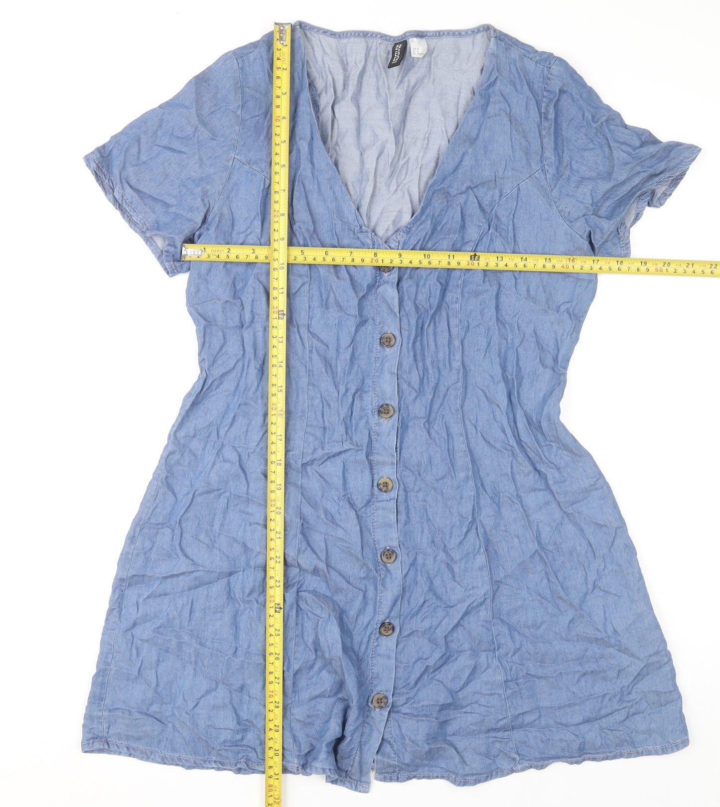 H&M Women’s Blue Short Shirt Dress UK 12 V-Neck Button Casual
