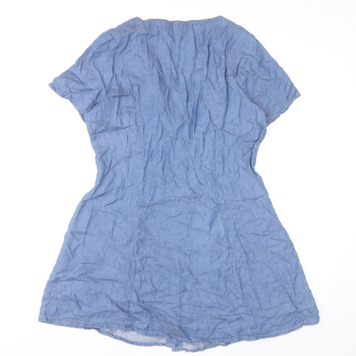 H&M Women’s Blue Short Shirt Dress UK 12 V-Neck Button Casual