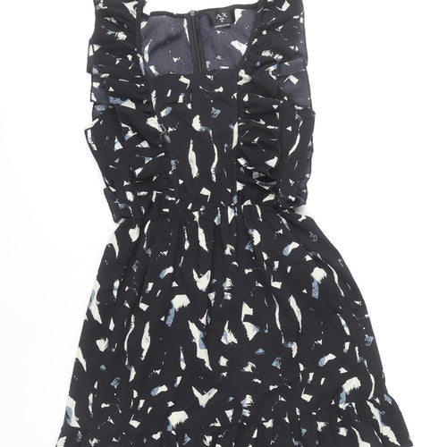 AX Paris Women's Black Abstract Print Ruffle Sleeveless A-Line Dress Size 10