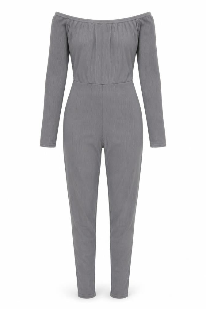 Front view of PRETTYLITTLETHING Women’s Grey Off-Shoulder Ribbed Catsuit, size UK 4