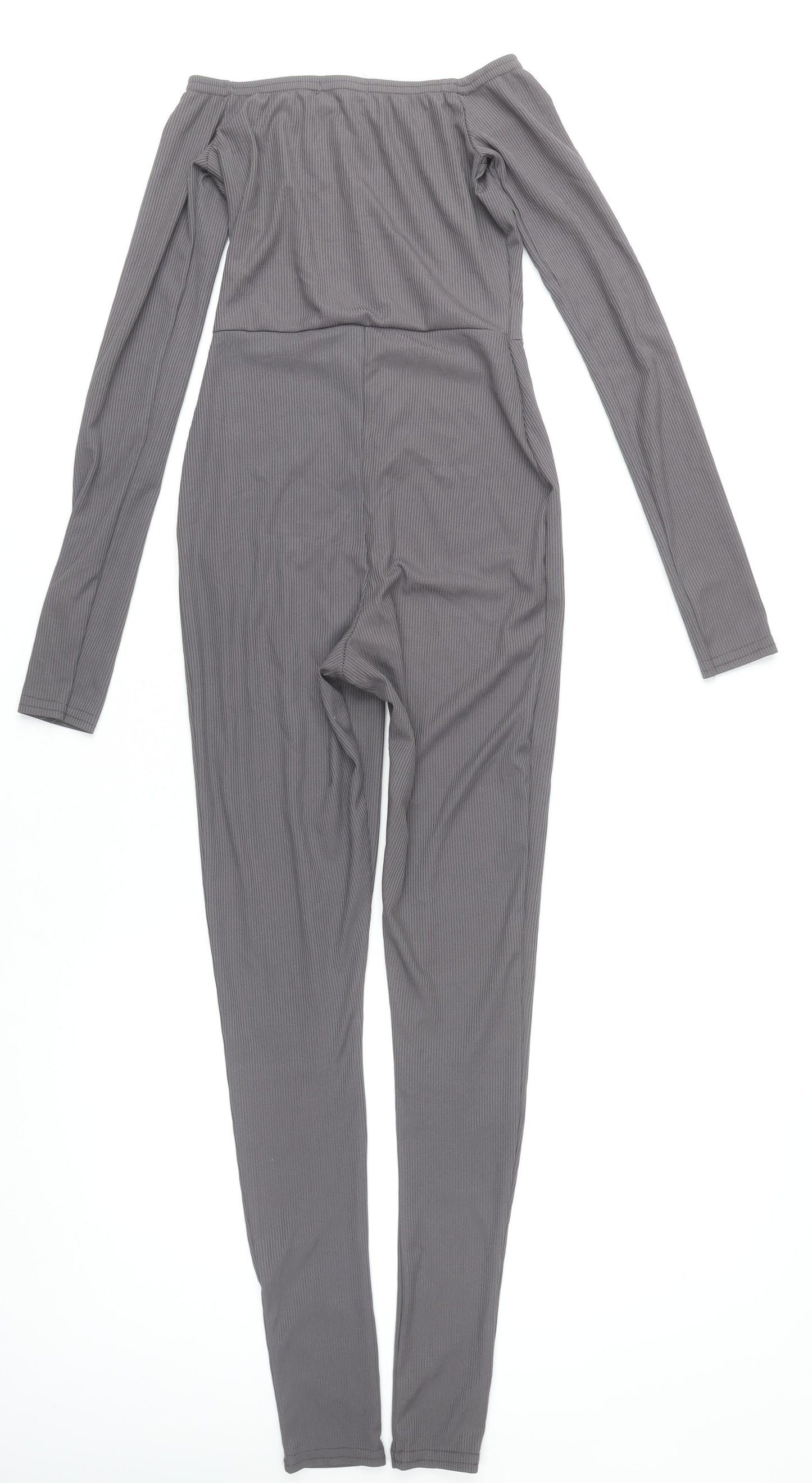 PrettyLittleThing Women’s Grey Off-Shoulder Ribbed Catsuit Size 4
