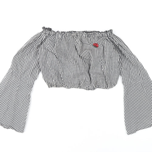 Pull&Bear Women's Black Check Cropped Blouse XS Off Shoulder Bell Sleeve