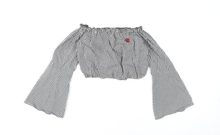 Pull&Bear Women's Black Check Cropped Blouse XS Off Shoulder Bell Sleeve