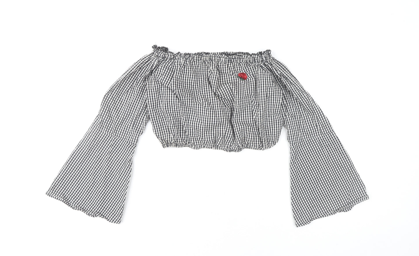 Pull&Bear Women's Black Check Cropped Blouse XS Off Shoulder Bell Sleeve