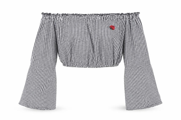 Pull&Bear Women's Black Check Cropped Blouse XS Off Shoulder Bell Sleeve