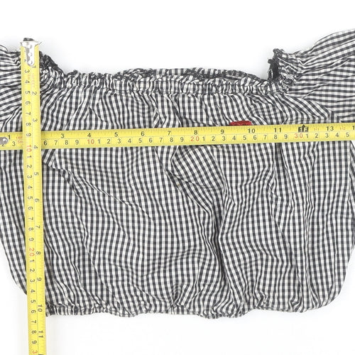 Pull&Bear Women's Black Check Cropped Blouse XS Off Shoulder Bell Sleeve