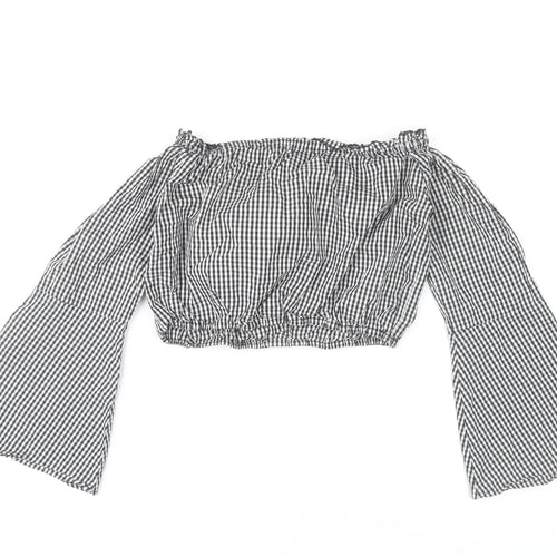 Pull&Bear Women's Black Check Cropped Blouse XS Off Shoulder Bell Sleeve