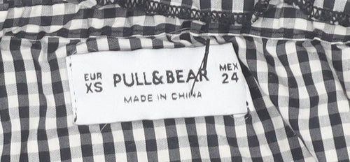 Pull&Bear Women's Black Check Cropped Blouse XS Off Shoulder Bell Sleeve