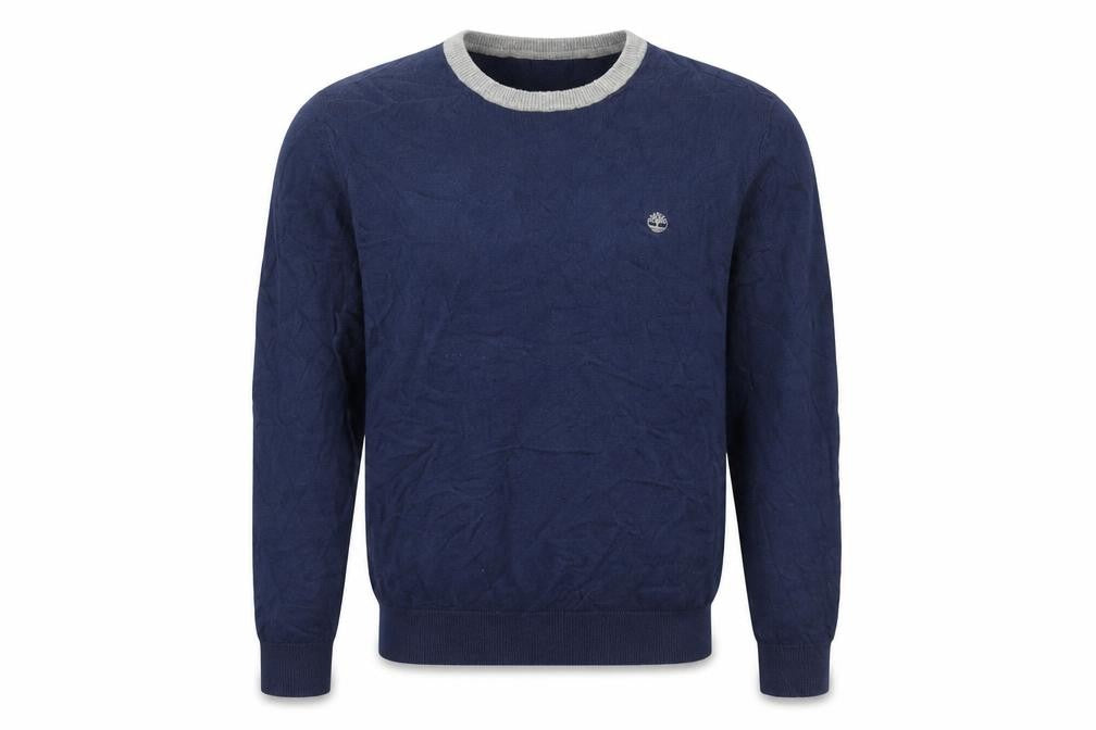 Front view of Timberland Men's Blue Crew Neck Knit Jumper, size S, Regular Fit