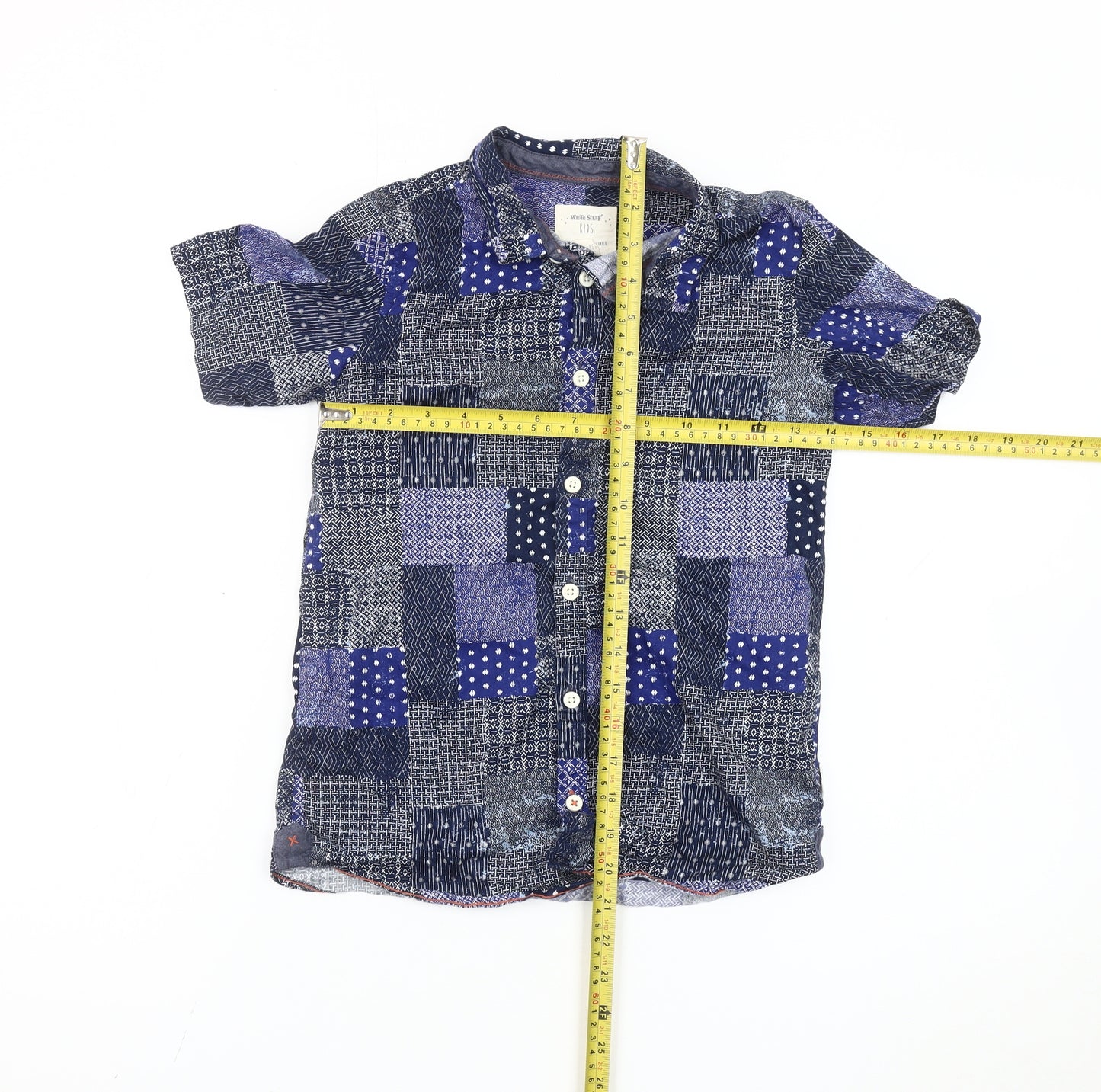White Stuff Boys Blue Patchwork Cotton Short Sleeve Button-Up Shirt 9-10Y