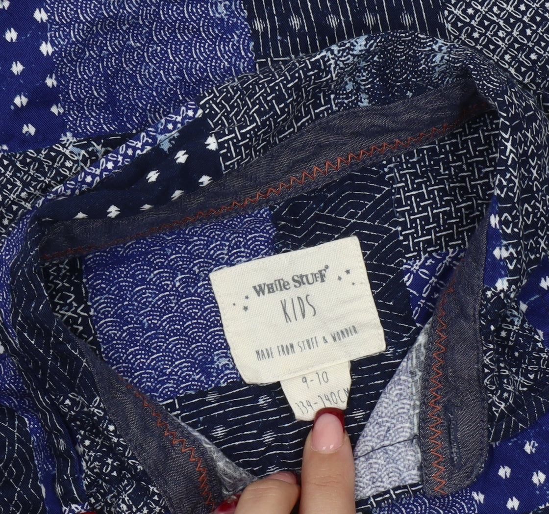 White Stuff Boys Blue Patchwork Cotton Short Sleeve Button-Up Shirt 9-10Y