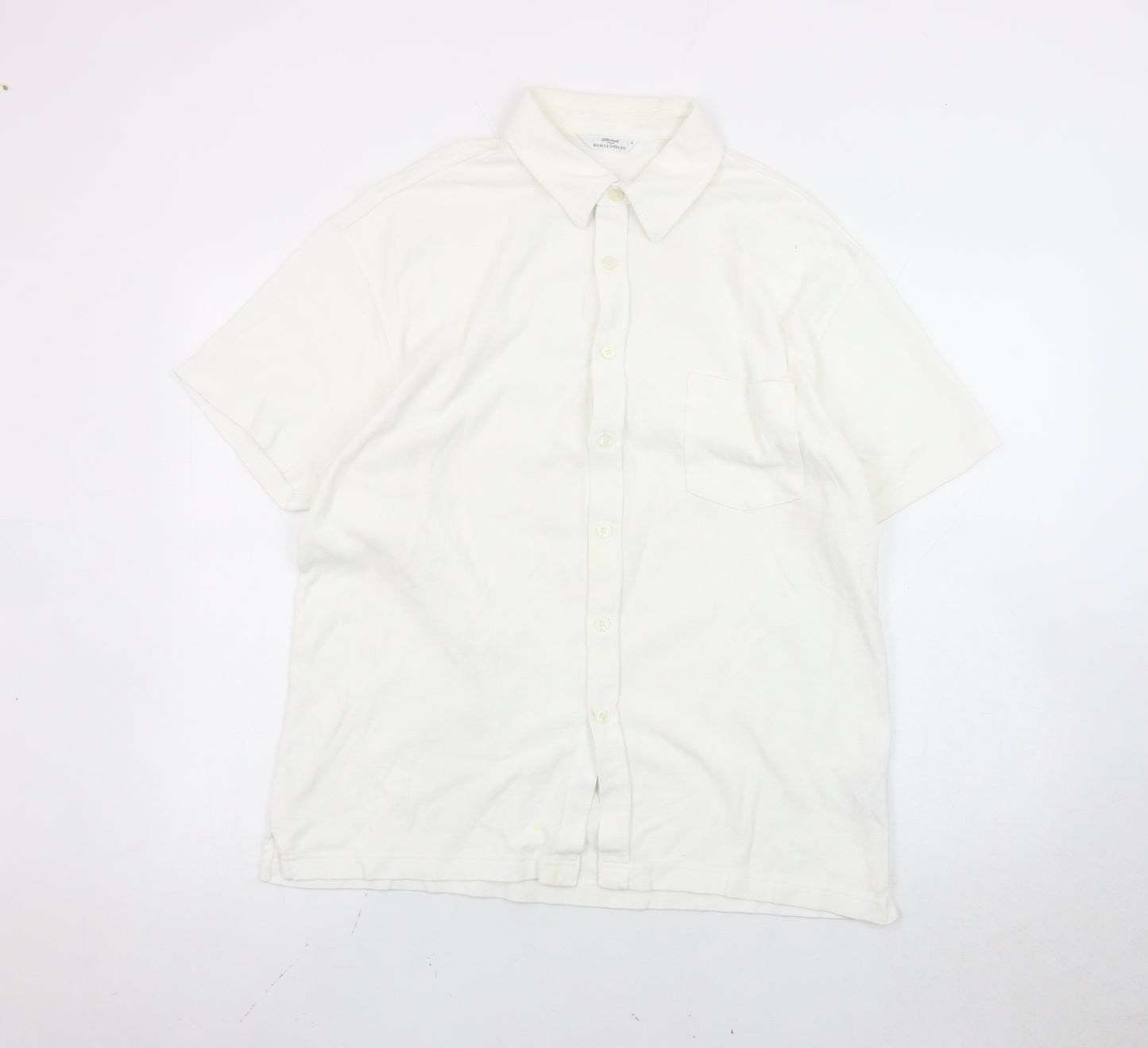 Marks and Spencer Men's White Cotton Short Sleeve Button-Up Shirt M