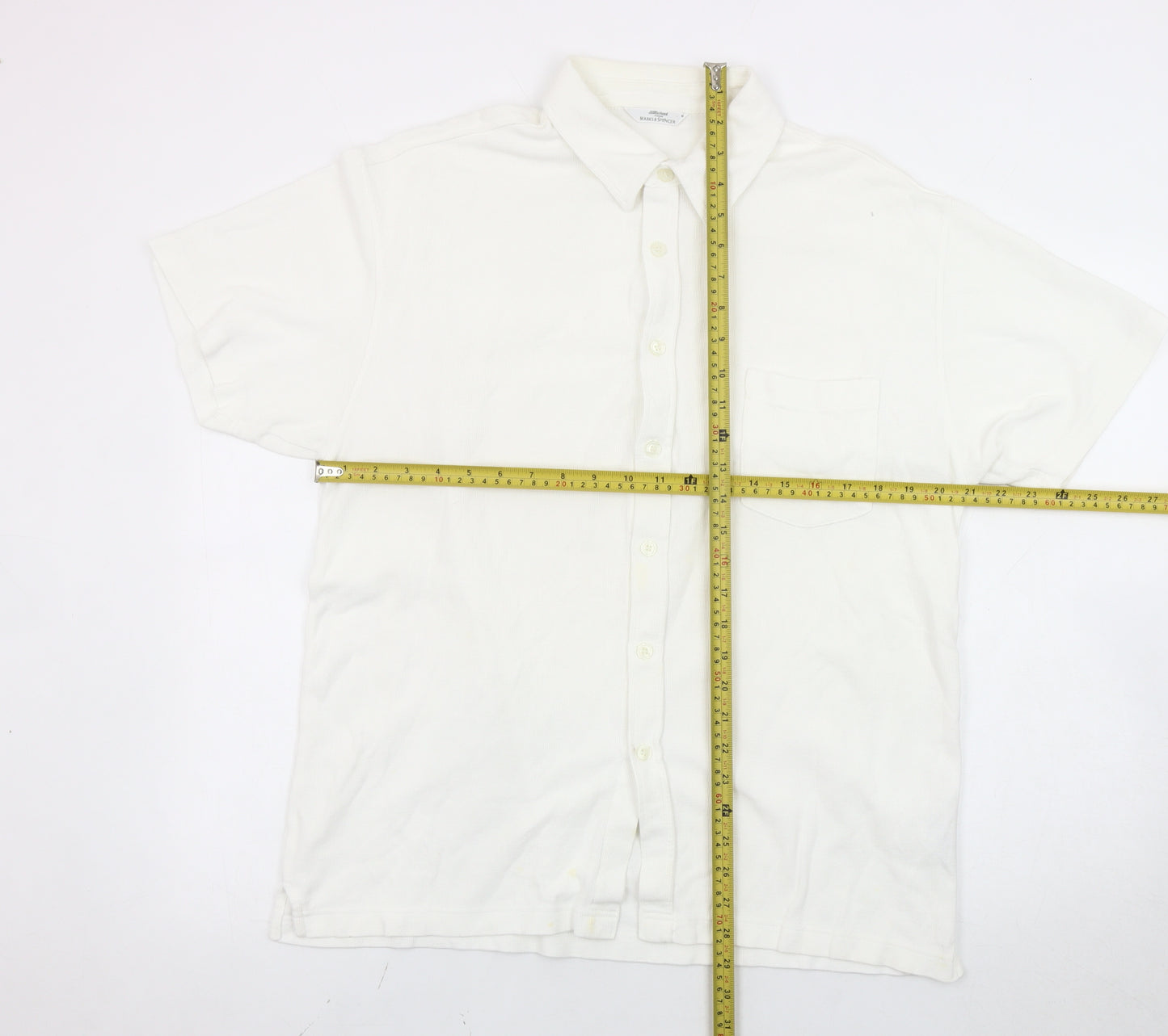 Marks and Spencer Men's White Cotton Short Sleeve Button-Up Shirt M