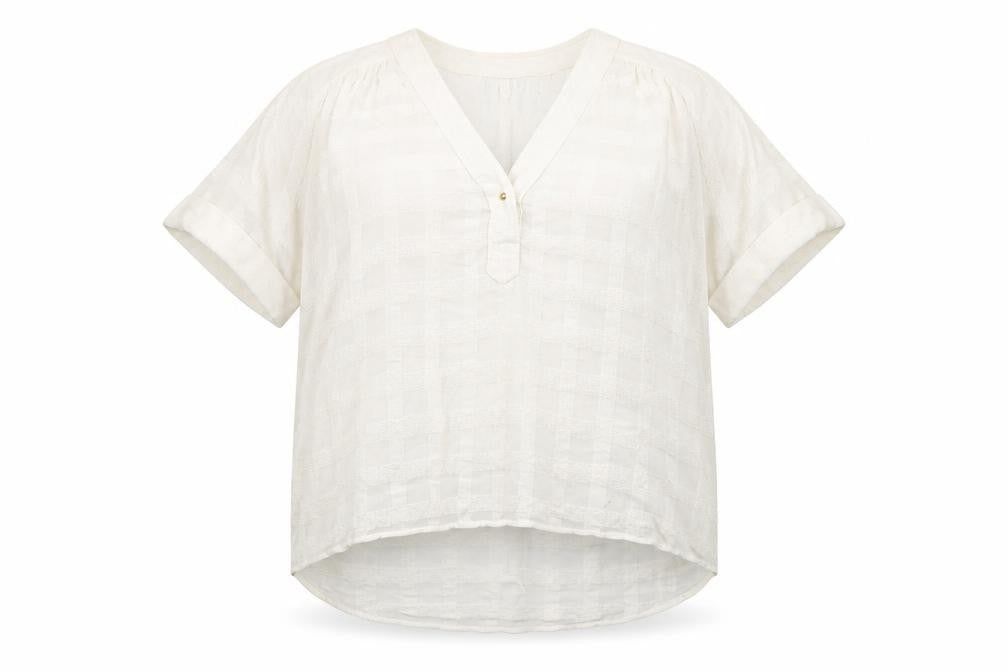 Whistles Women Ivory Check Cotton Tunic Blouse L Short Sleeve