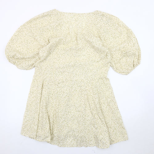 H&M Women’s Ivory Floral A-Line Short Dress Size 8 Puff Sleeves