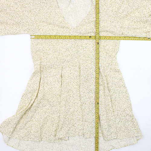H&M Women’s Ivory Floral A-Line Short Dress Size 8 Puff Sleeves