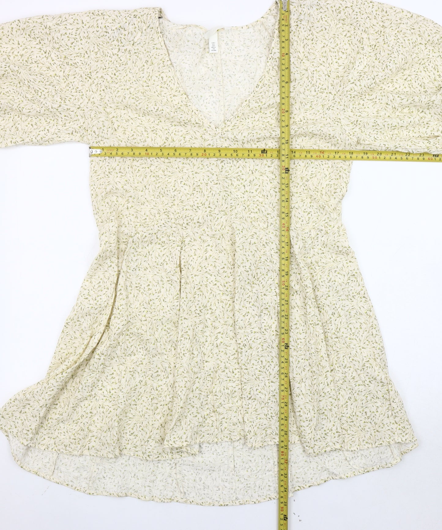 H&M Women’s Ivory Floral A-Line Short Dress Size 8 Puff Sleeves