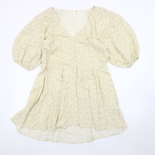 H&M Women’s Ivory Floral A-Line Short Dress Size 8 Puff Sleeves