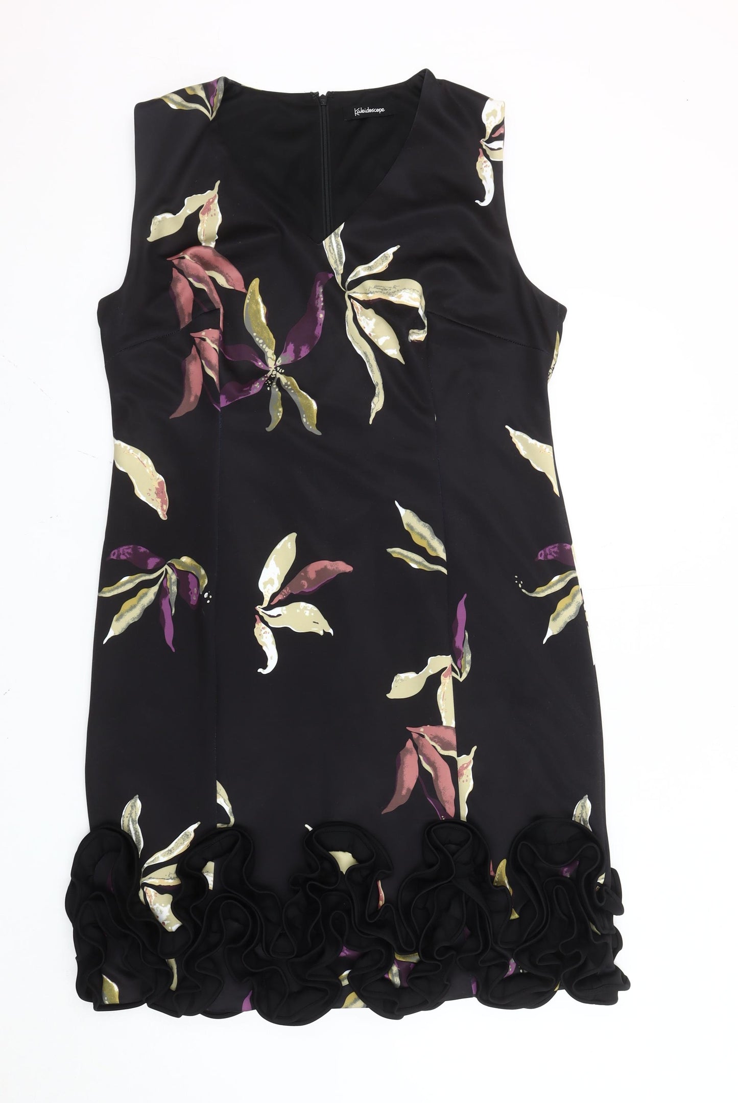 Kaleidoscope Women’s Black Floral Sheath Dress Size 18 Ruffle Hem Knee Length