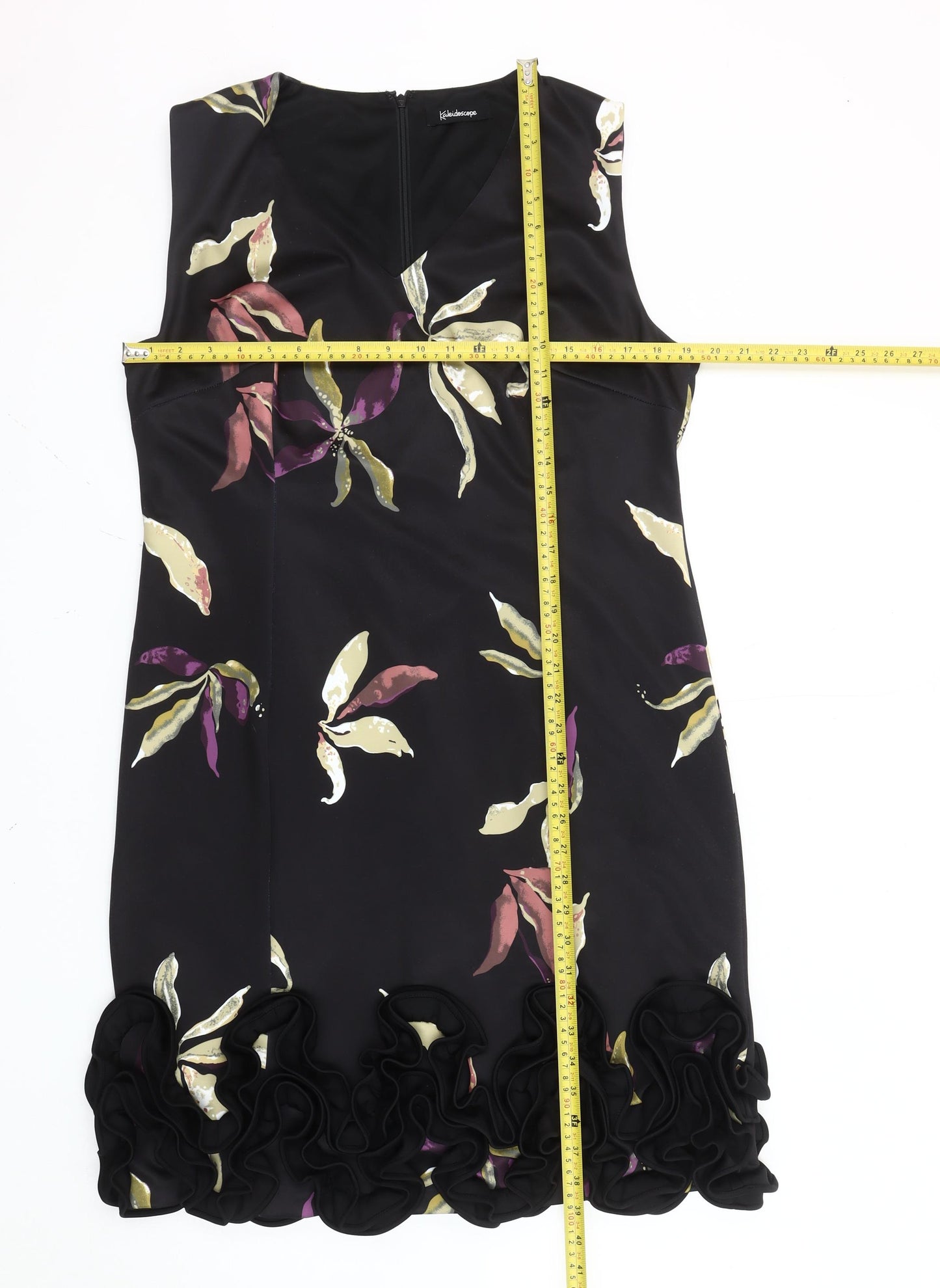 Kaleidoscope Women’s Black Floral Sheath Dress Size 18 Ruffle Hem Knee Length