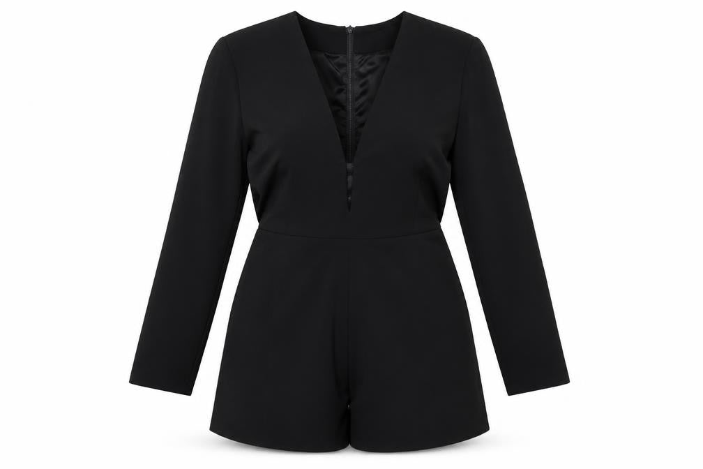 Front view of Missguided Women Black, size 14, V-Neck Long Sleeve Playsuit Polyester