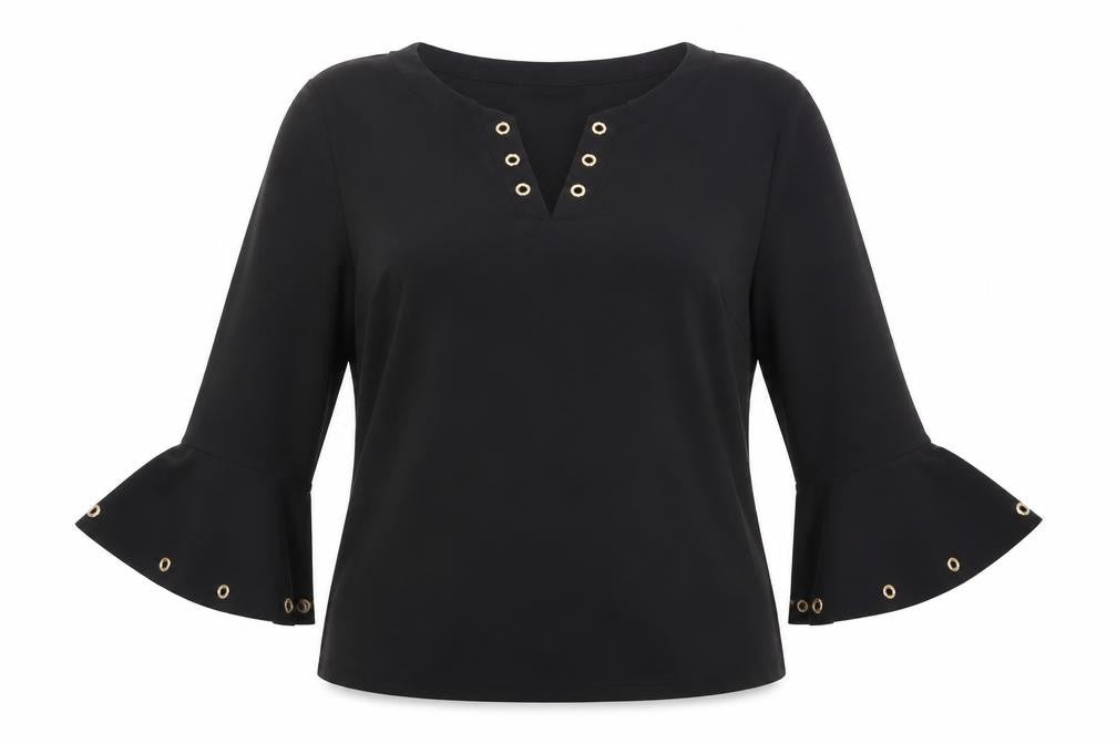 Klass Women’s Black Bell Sleeve Eyelet Blouse XL Regular Fit