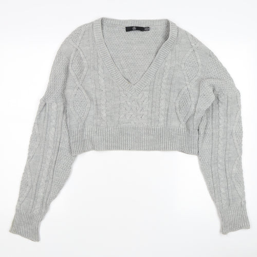 Missguided Women's Grey Cable-Knit V-Neck Acrylic Jumper Size 10