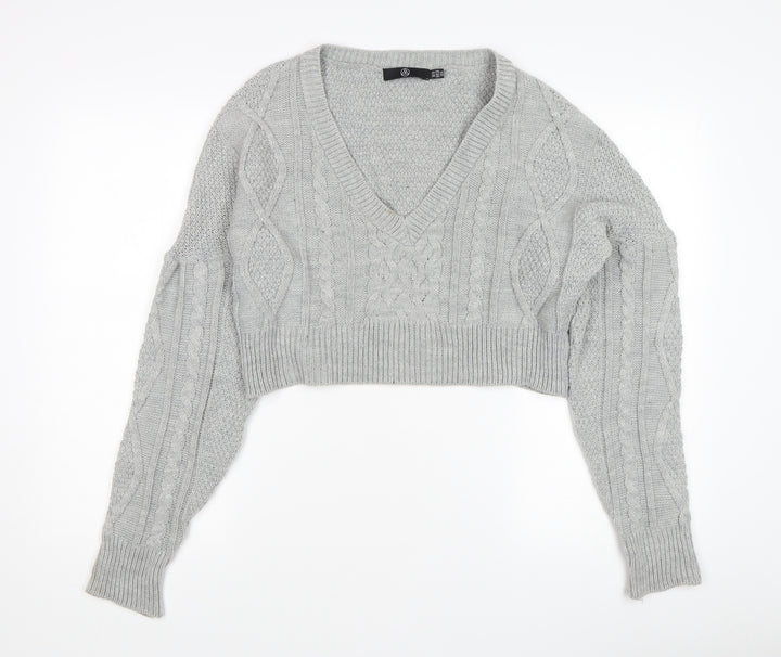 Missguided Women's Grey Cable-Knit V-Neck Acrylic Jumper Size 10