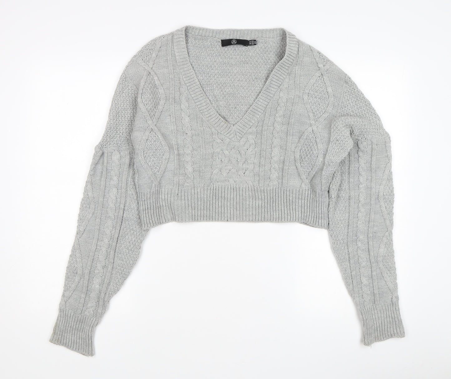 Missguided Women's Grey Cable-Knit V-Neck Acrylic Jumper Size 10