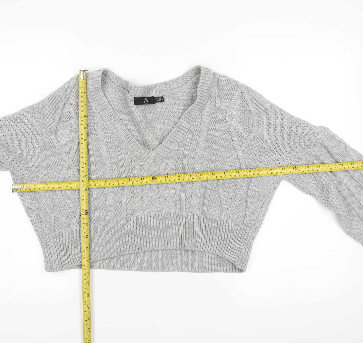 Missguided Women's Grey Cable-Knit V-Neck Acrylic Jumper Size 10