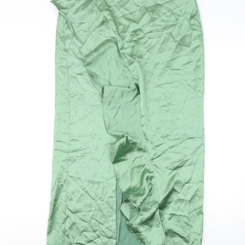 Zara Women’s Green Satin Midi Skirt Size 12 High Rise Slit