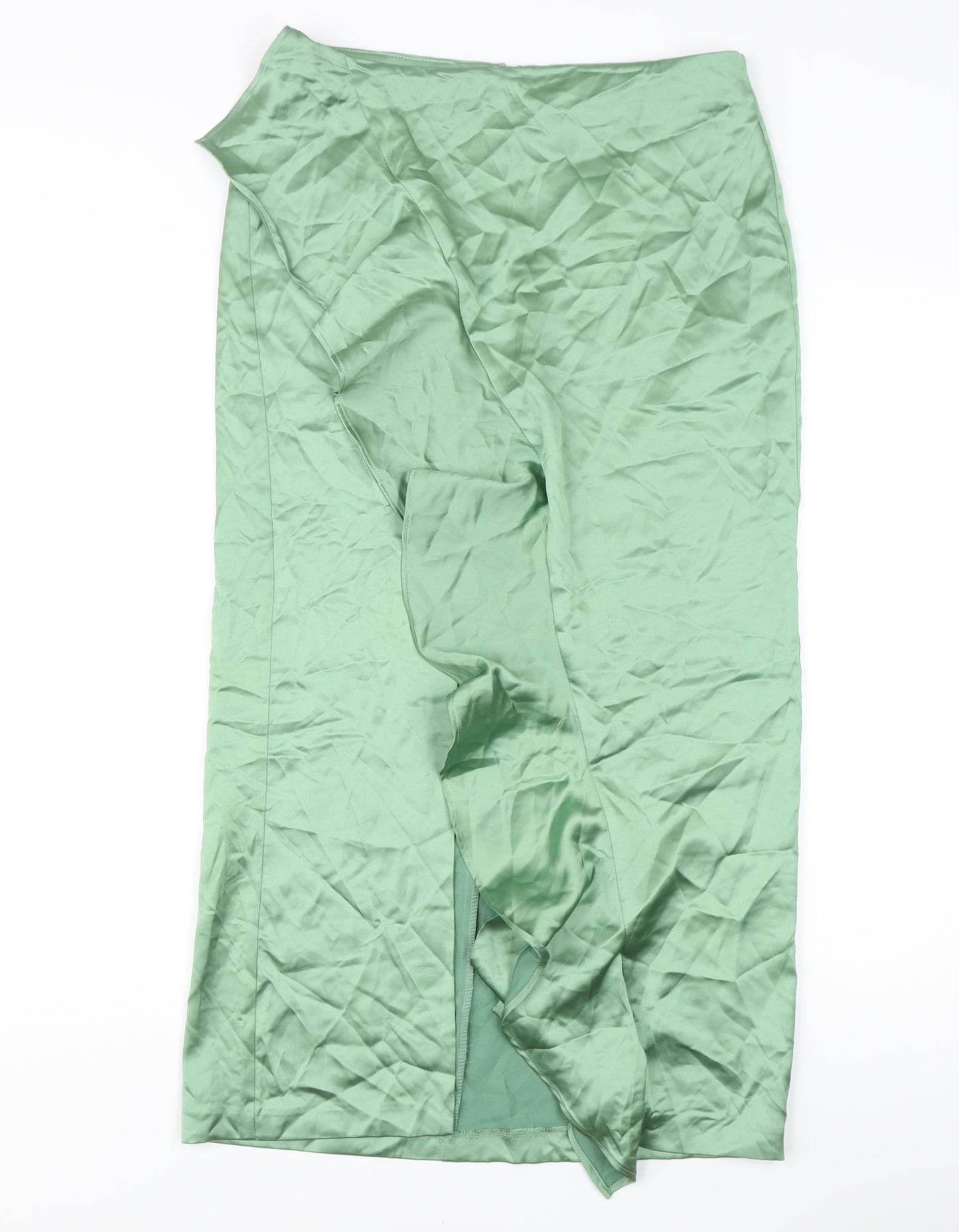 Zara Women’s Green Satin Midi Skirt Size 12 High Rise Slit